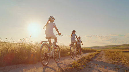 Happy American family with kids traveling together by bicycle a country road. Active lifestyle for adult and children at nature. Hobby for family, activity pursuit. AI Generated.の素材