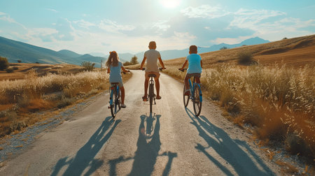 Happy American family with kids traveling together by bicycle a country road. Active lifestyle for adult and children at nature. Hobby for family, activity pursuit. AI Generated.の素材