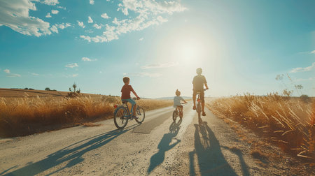 Happy American family with kids traveling together by bicycle a country road. Active lifestyle for adult and children at nature. Hobby for family, activity pursuit. AI Generated.の素材