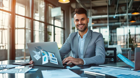 Young businessman, accountant, financial analyst working in the office with a calculator and documents, sitting at a desk with a laptop and smiling at the camera. AI Generated.の素材