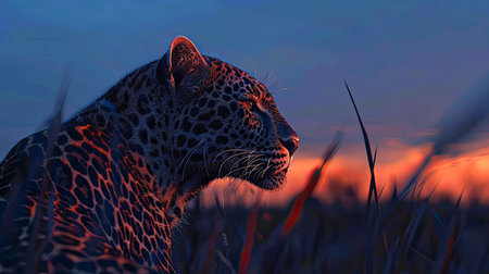 African leopard female pose in beautiful evening light. Amazing leopard in the nature habitat. Wildlife scene with dangerous beast. Hot weather in Africa. Panthera pardus. AI Generated.の素材