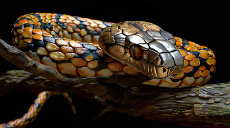 Gold-ringed cat snake on a branch ready to strike, Indonesia. AI Generated.の素材