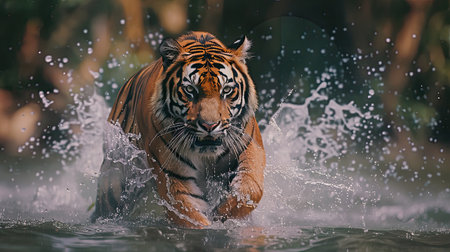 Siberian tiger, Panthera tigris altaica, low angle photo direct face view, running in the water directly at camera with water splashing around. Attacking predator in action. AI Generated.の素材