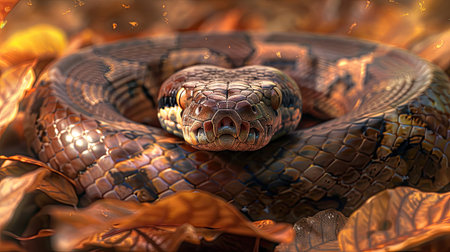 Reticulated Python (Malayopython reticulatus) is a python species native to Southeast Asia. Reticulated Python camouflage on dry leaves. AI Generated.の素材