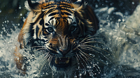 Siberian tiger, Panthera tigris altaica, low angle photo direct face view, running in the water directly at camera with water splashing around. Attacking predator in action. AI Generated.の素材