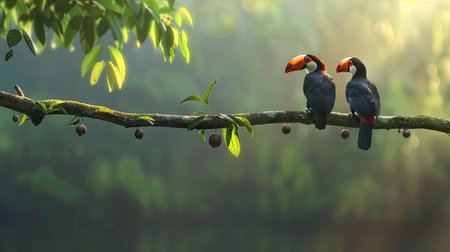 Two toucan tropical bird sitting on a tree branch in natural wildlife environment in rainforest jungle. AI Generated.の素材