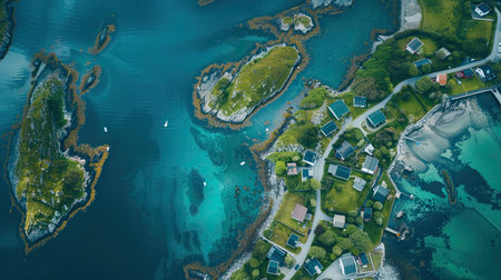 Aerial view at the Lofoten islands, Norway. Mountains and sea during sunset. Natural landscape from air at the drone. Norway at the winter time. AI Generated.の素材