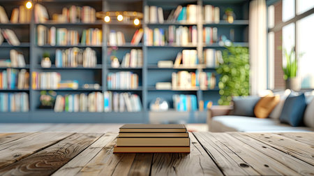 Book stack on wood desk and blurred bookshelf in the library room. AI Generated.の素材