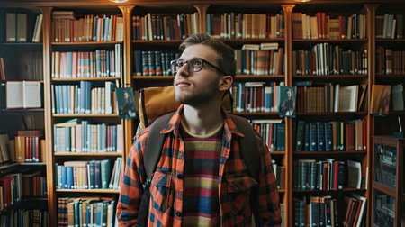 Cheerful male international student with backpack, standing near bookshelves at university library or book store during break between lessons. Education concept, generative ai.の素材