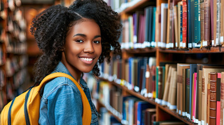 Cheerful female international student with backpack, standing near bookshelves at university library or book store during break between lessons. Education concept, generative ai.の素材