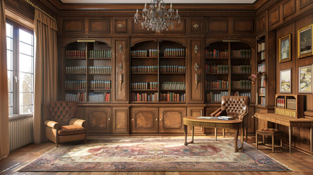 Classic wooden library with books. Education and study. Many books in an old vintage cabinet. AI Generated.の素材