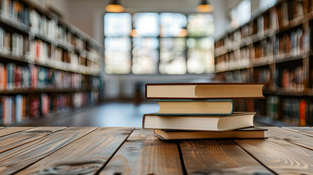 Book stack on wood desk and blurred bookshelf in the library room. AI Generated.の素材