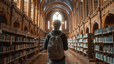 Young college student walking through library rows in search of literature for lecture. generative ai.の素材