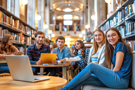 Group of diverse college students sitting in library. generative ai.の素材