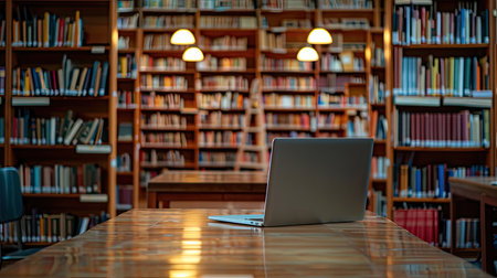 Laptop on table in library, concept of learning and information search. AI Generated.の素材