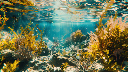 Long banner with turquoise underwater world and vivid daytime. Transparent deep water of the ocean sea with coral , rocks, fish and plants. AI Generated.の素材