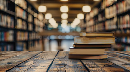 Book stack on wood desk and blurred bookshelf in the library room. AI Generated.の素材
