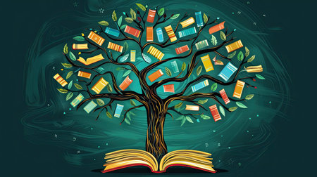 International literacy day concept with tree with books like leaves. ai generated.の素材