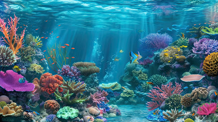 Long banner with turquoise underwater world and vivid daytime. Transparent deep water of the ocean sea with coral , rocks, fish and plants. AI Generated.の素材