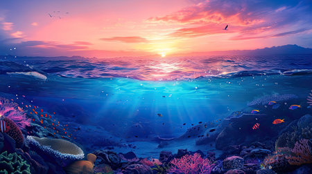 Long banner with underwater world and vivid sunset sky. Transparent deep water of the ocean or sea with rocks, fish and plants. AI Generated.の素材
