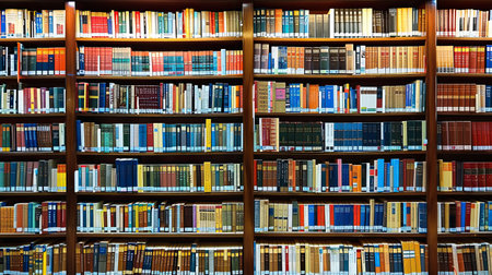 Photo of library bookshelves copy space image. AI Generated.の素材