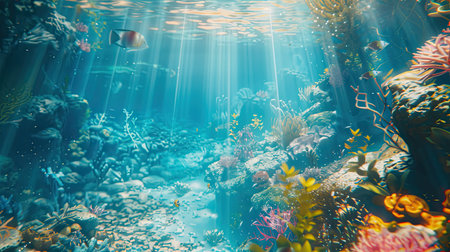 Long banner with turquoise underwater world and vivid daytime. Transparent deep water of the ocean sea with coral , rocks, fish and plants. AI Generated.の素材