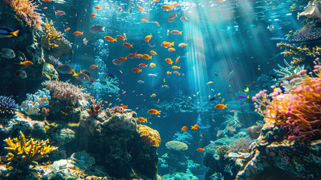 Long banner with turquoise underwater world and vivid daytime. Transparent deep water of the ocean sea with coral , rocks, fish and plants. AI Generated.の素材