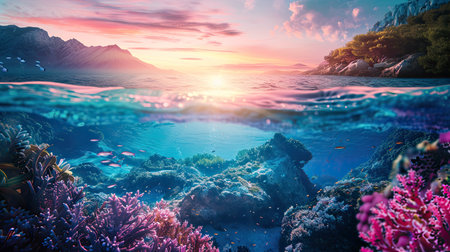 Long banner with underwater world and vivid sunset sky. Transparent deep water of the ocean or sea with rocks, fish and plants. AI Generated.の素材