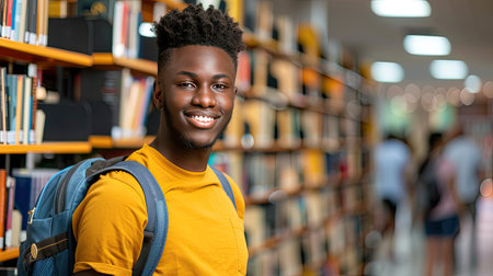 Cheerful male international student with backpack, standing near bookshelves at university library or book store during break between lessons. Education concept, generative ai.の素材