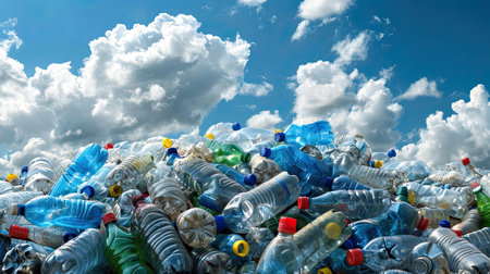 Plastic pollution or waste. Pile of empty used plastic bottles in exterior cloudy sky background. AI Generated.の素材