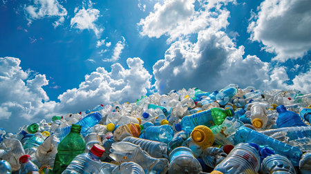 Plastic pollution or waste. Pile of empty used plastic bottles in exterior cloudy sky background. AI Generated.の素材