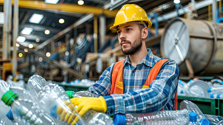Worker in recycling plant for sorting deposit and plastic bottles background. AI Generated.の素材