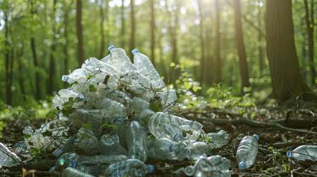 Plastic pollution or waste. Pile of empty used plastic bottles in exterior green forest background. AI Generated.の素材