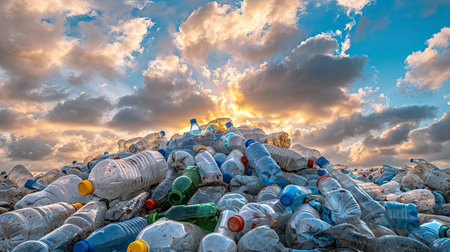 Plastic pollution or waste. Pile of empty used plastic bottles in exterior cloudy sky background. AI Generated.の素材