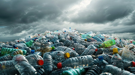 Plastic pollution or waste. Pile of empty used plastic bottles in exterior cloudy sky background. AI Generated.の素材