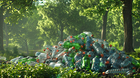 Plastic pollution or waste. Pile of empty used plastic bottles in exterior green forest background. AI Generated.の素材