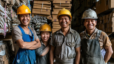 Portrait of group of smiling factory workers are in recycling plant for sorting deposit and plastic bottles background. AI Generated.の素材