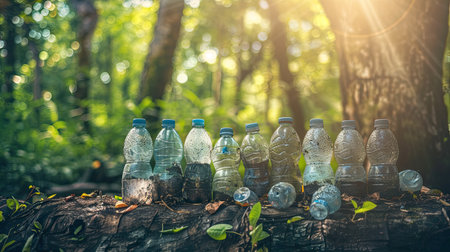 Plastic pollution or waste. Pile of empty used plastic bottles in exterior green forest background. AI Generated.の素材