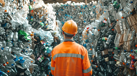 Worker in recycling plant for sorting deposit and plastic bottles background. AI Generated.の素材