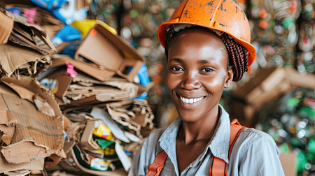 Portrait of smiling factory worker in recycling plant for sorting deposit and cardboard recycling factory stack of cardboard boxes background. AI Generated.の素材