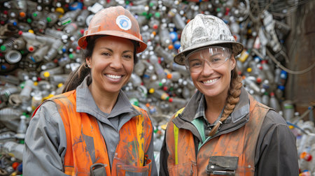 Portrait of two smiling factory workers are in recycling plant for sorting deposit and plastic bottles background. AI Generated.の素材