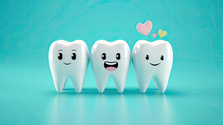 Cheerful smiling tooth characters: bright and playful dental concept on turquoise background. AI Generated.の素材