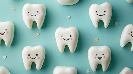 Cheerful smiling tooth characters: bright and playful dental concept on turquoise background. AI Generated.の素材