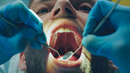 Man, dentist and check teeth with tools for dental cosmetics, healthcare assessment or medical consulting. Patient, tooth or open mouth in oral cleaning with mirror, excavator or orthodontics surgeryの素材