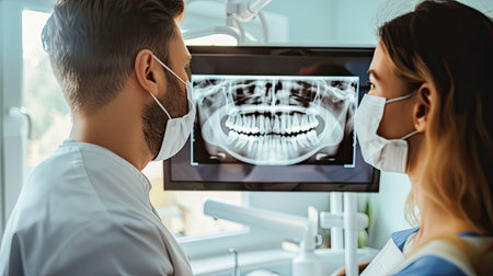 Dentists are discussing dental problems at report x-ray image for patients. AI Generated.の素材