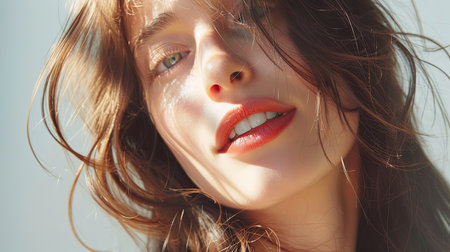 Portrait beautiful model woman with white teeth smile, healthy long hair and beauty skin on white background. Concept of advertising dentist and facial care. Generative AI.の素材