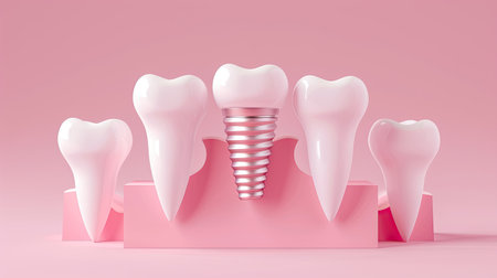 Implant dental service creative concept. Promotion Banner for social media. Creative banner of clinic with dental implant. 3d render illustration style. AI Generated.の素材