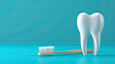 White tooth with a toothbrush on a blue background. Dental hygiene concept. Prevention of plaque and gum disease. AI Generated.の素材