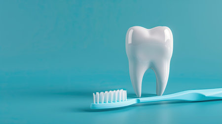 White tooth with a toothbrush on a blue background. Dental hygiene concept. Prevention of plaque and gum disease. AI Generated.の素材
