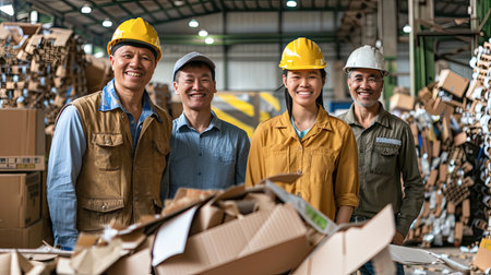 Portrait of group of smiling factory workers are in recycling plant for sorting deposit and cardboard recycling factory stack of cardboard boxes background. AI Generated.の素材